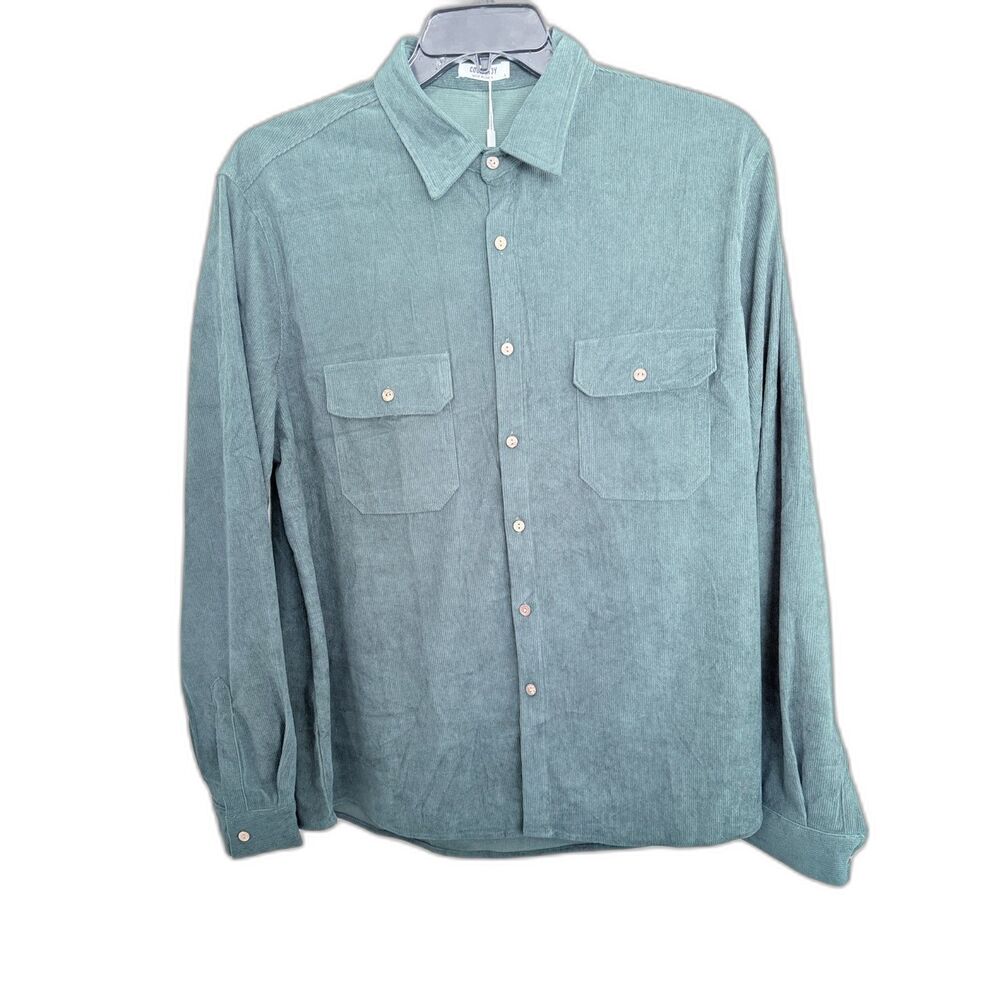 NWT‎ COOFANDY Men’s Green Corduroy Long Sleeve Button-Down Shirt Size Large